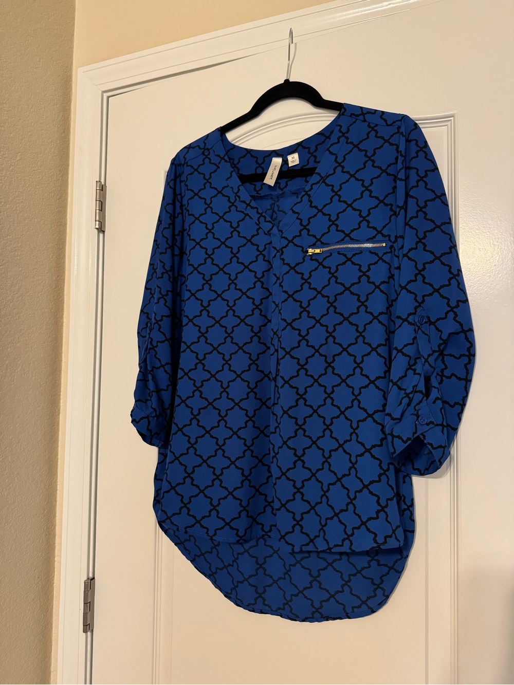 Tacera Royal Blue and Black Geometric Print Blouse